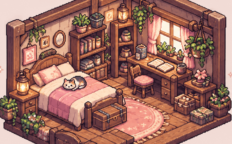 An isometric pixel-art bedroom with a sleeping cat, bookshelves and plants.