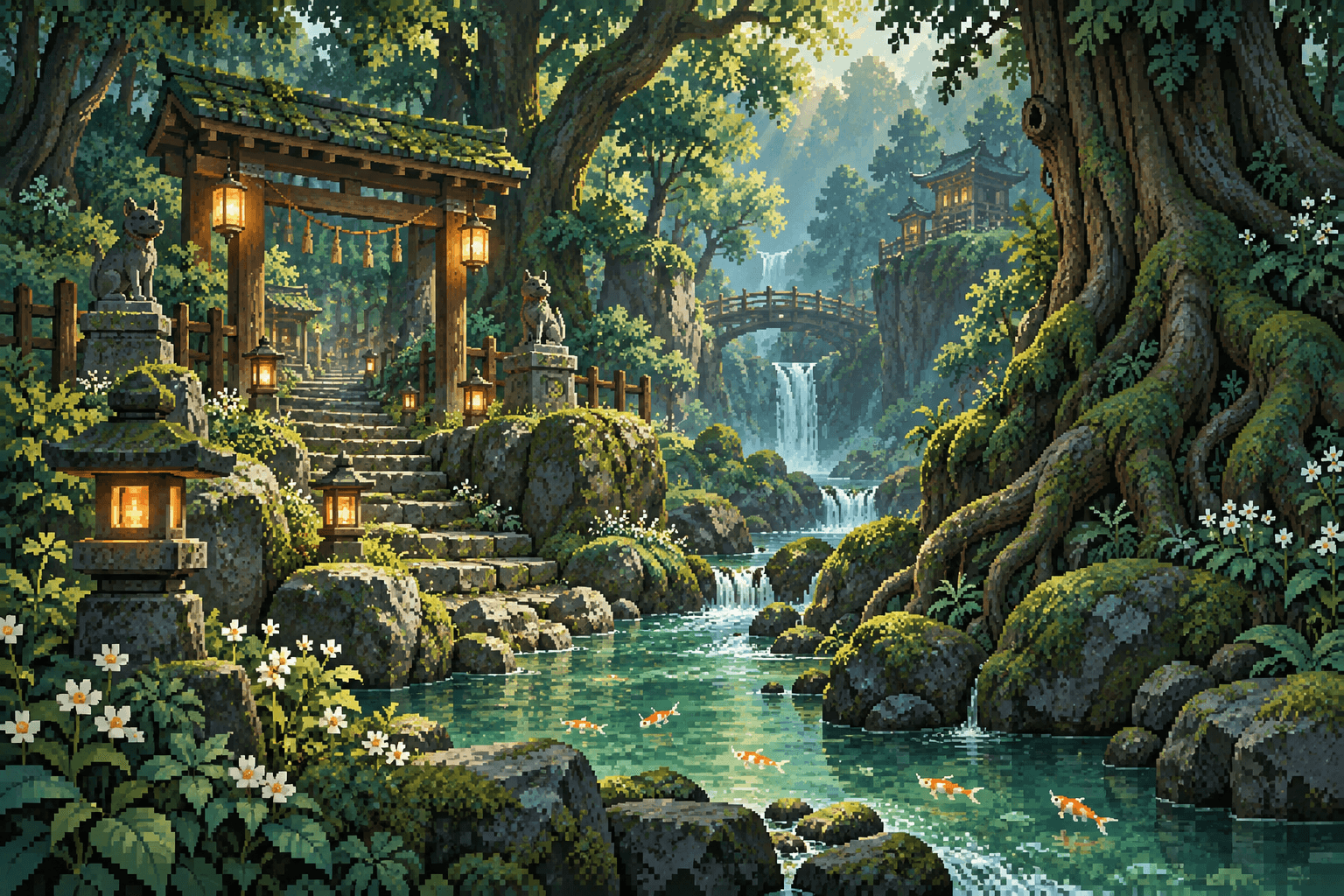 A lantern-lit pixel-art shrine in an ancient forest, with a jade stream full of koi.