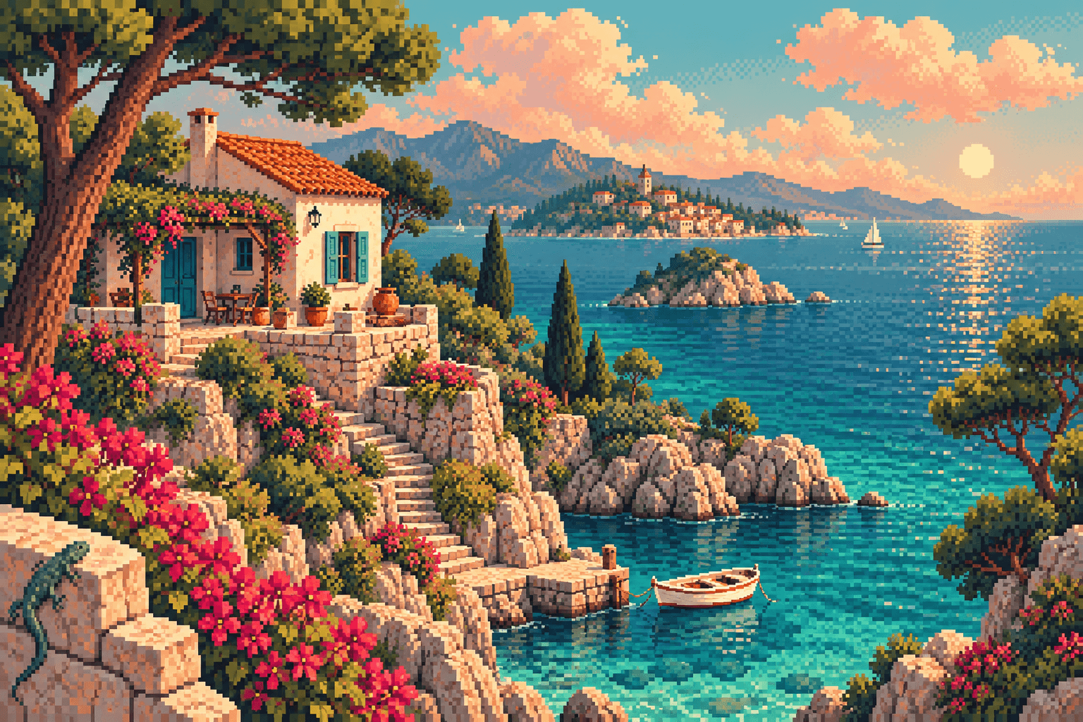 A pixel-art cottage above a turquoise sea, with peach sunset clouds and a tiny boat.